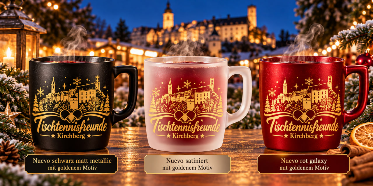 Unser goldenes Kirchberger Motiv auf schwarzen, satinierten und roten Glühweintassen