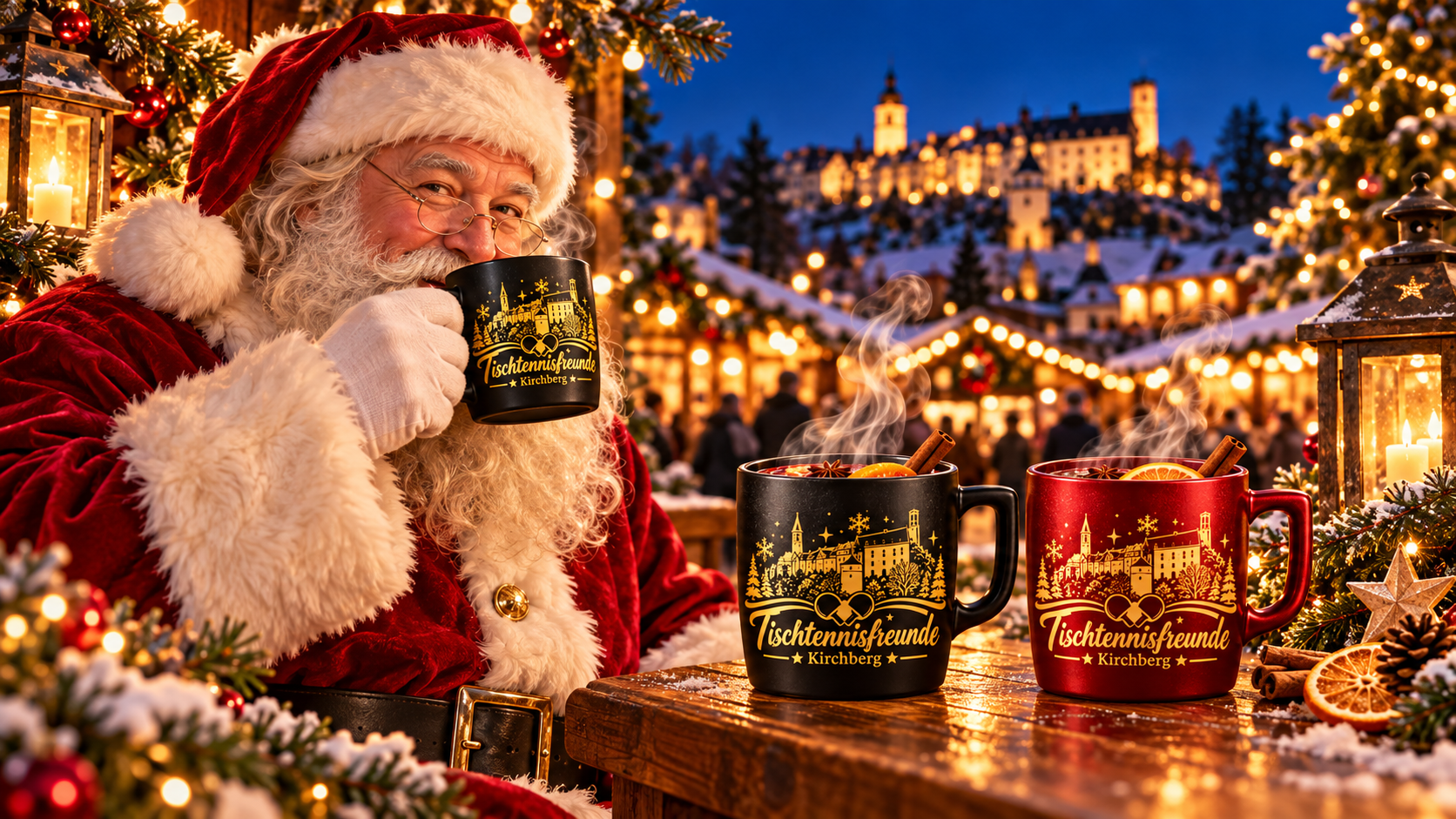Weihnachtsmann mit Glühwein und dampfenden schwarzen und roten Tassen mit unserem goldenen Kirchberger Motiv